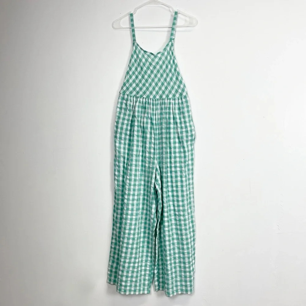 NEW Nordstrom Jumpsuit Womens XS Green White Gingham Sleeveless Tie Back NWOT - Picture 1 of 15